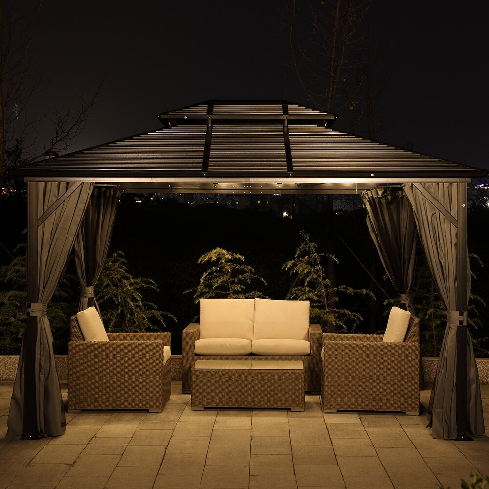 Outsunny 10'x 10' 2 Tier Roof Steel Hardtop Aluminum Permanent Gazebo with a Mesh Net and Privacy Sidewalls