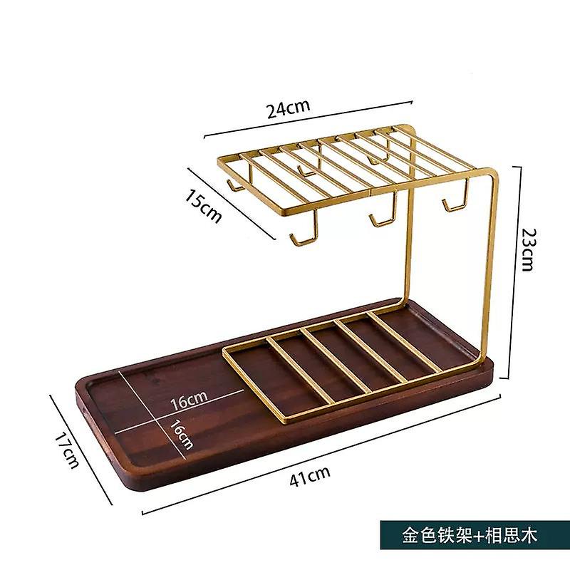 Stainless Steel Cup Holder Water Cup Hanger Shelving -Gold 6 Cups Shelf + Acacia Wood