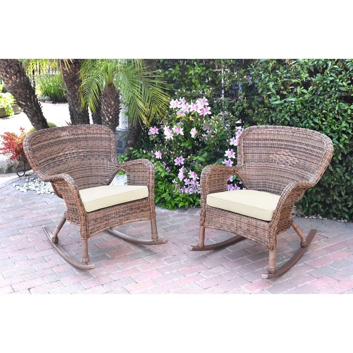 Set of 2 Windsor Honey Resin Wicker Rocker Chair with Ivory Cushions