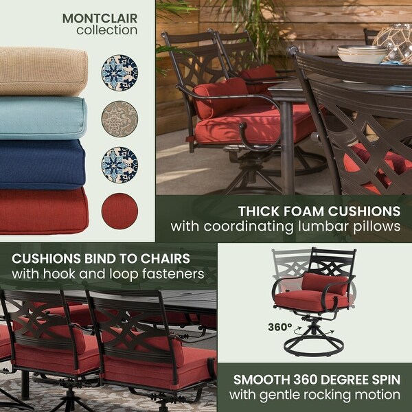 Hanover Montclair 9Piece Dining Set in Chili Red with 8 Swivel Rockers and a 42In. x 84In. Table