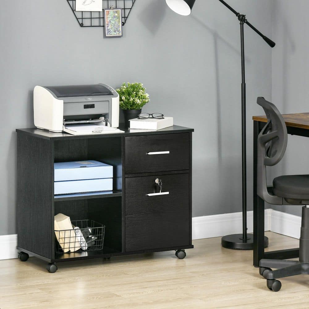 Vinsetto Black Lateral File Cabinet with Wheels, Mobile Printer Stand with Open Shelves and Drawers 924-039BK