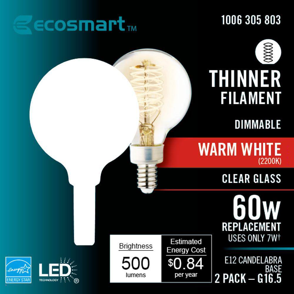 EcoSmart 60-Watt Equivalent G16.5 Dimmable Fine Bendy Filament LED Vintage Edison Light Bulb Warm White (2-Pack) G16.5C7E12822S