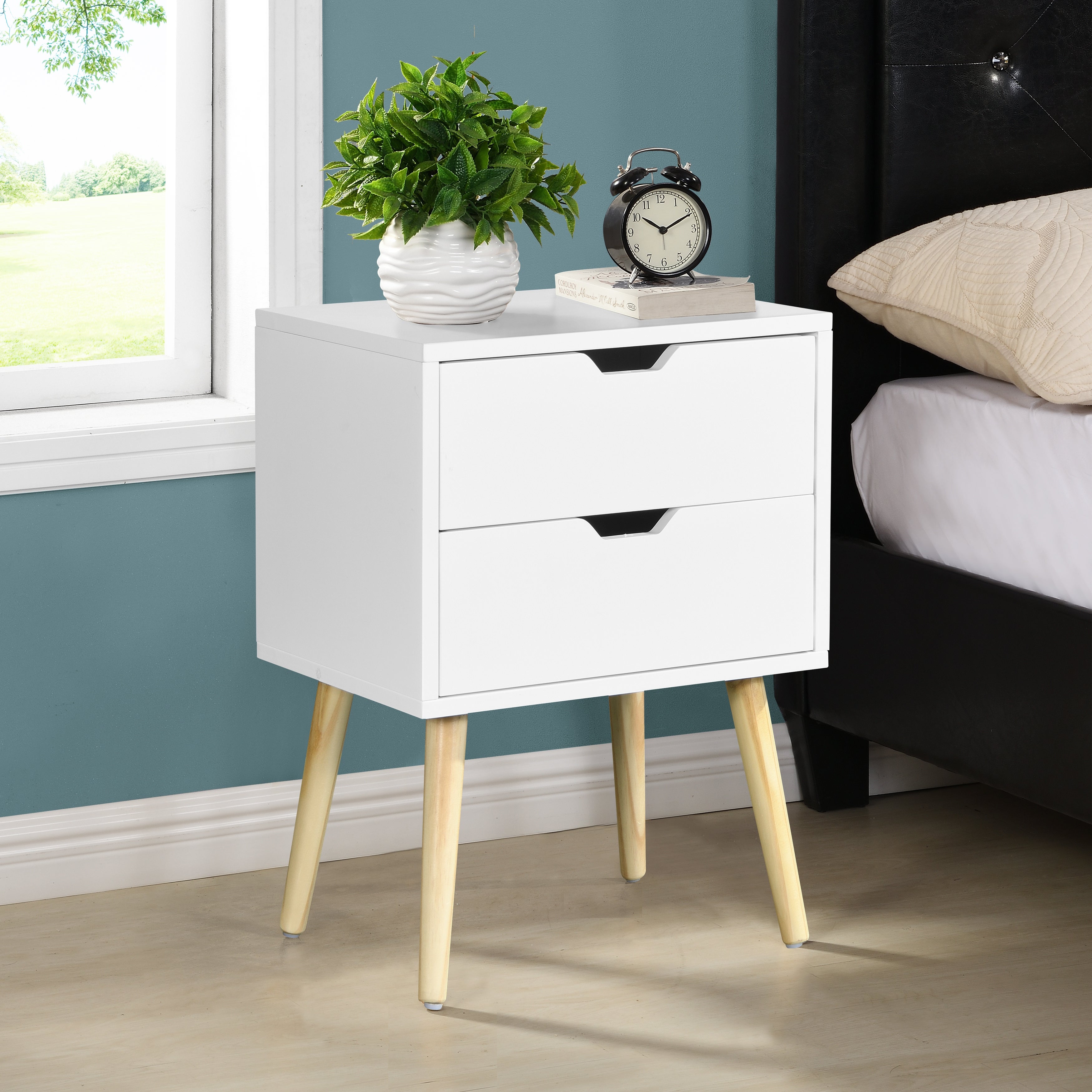 Side Table with 2 Drawer and Rubber Wood Legs， Mid-Century Modern Storage Cabinet for Bedroom Living Room