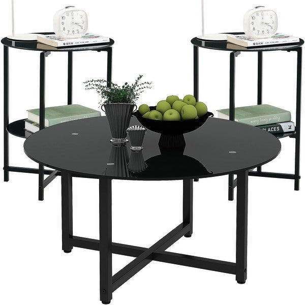 Black Glass Round Coffee Table Set of 3 Piece， Coffee Table and End Table Sets， Living Room Table Set of 3， Metal Frame