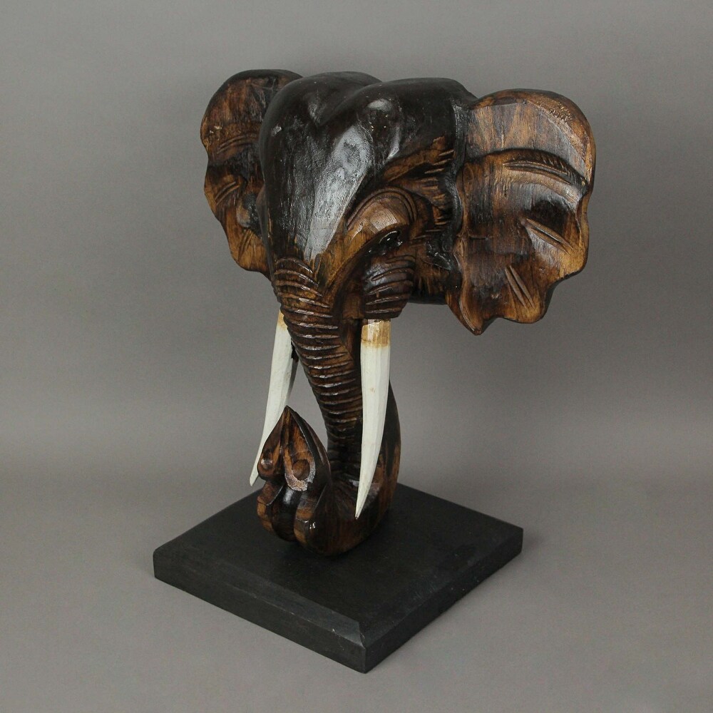 Carved Wood African Elephant Head Bust Wall Sculpture With Stand   17.5 X 16.5 X 9.75 inches