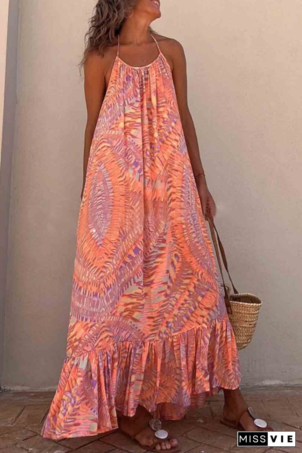 Orange Geometric Print Tassel Tie Halterneck Maxi Dress