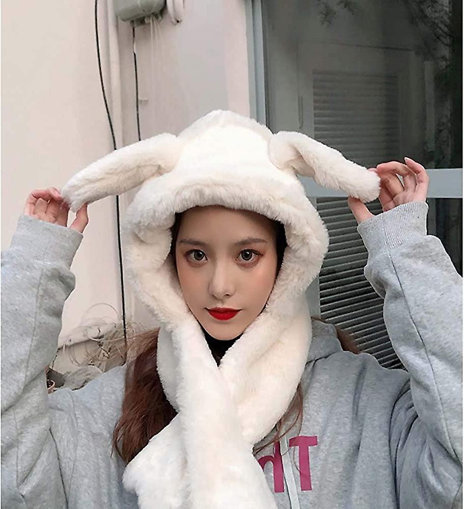 Winter Warm Beanie Pop Up Ears Plush Hat Ear Moving Jumping Rabbit Hat Bunny Cap For Women Girls White -