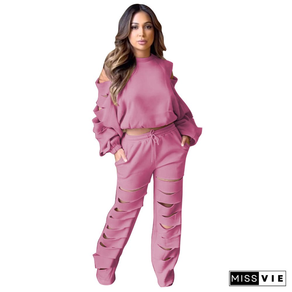 Cut Out Holes Long Sleeve T-shirt and Pants Outfits