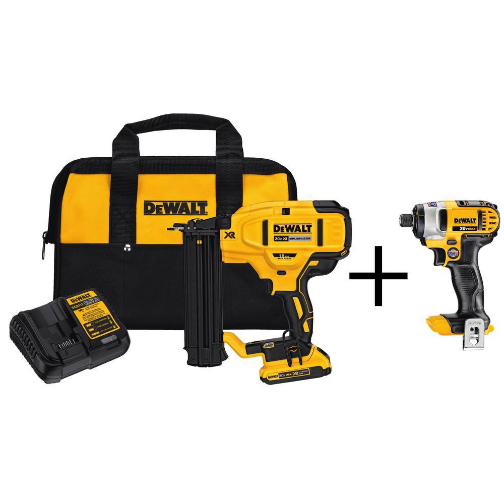 DW 20V MAX XR Lithium-Ion 18-Gauge Cordless Brad Nailer Kit 14 in. Impact Driver (1) 2.0Ah Battery and Charger DCN680D1wDCF885B