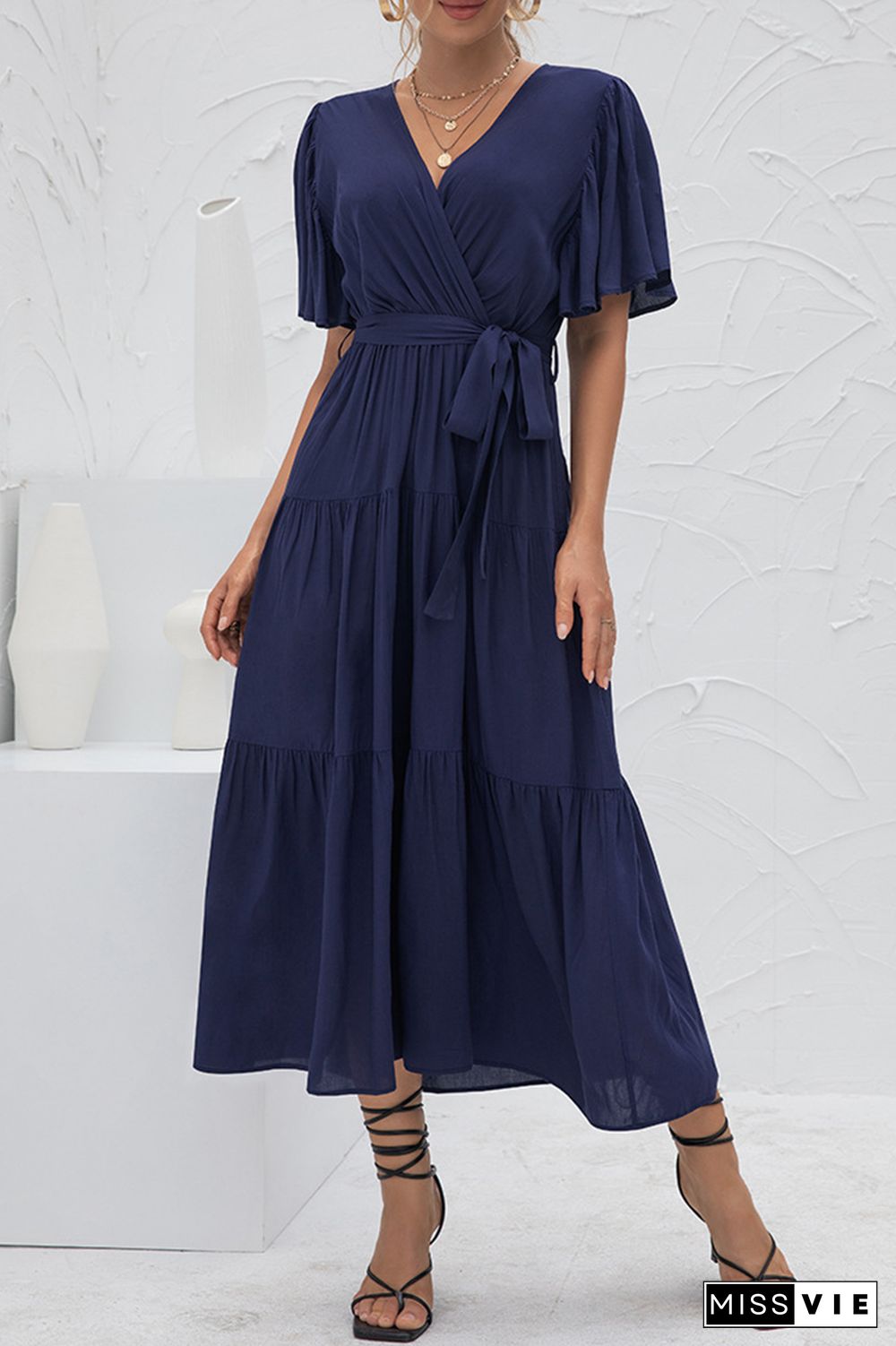 Elegant Solid Split Joint With Belt V Neck Cake Skirt Dresses