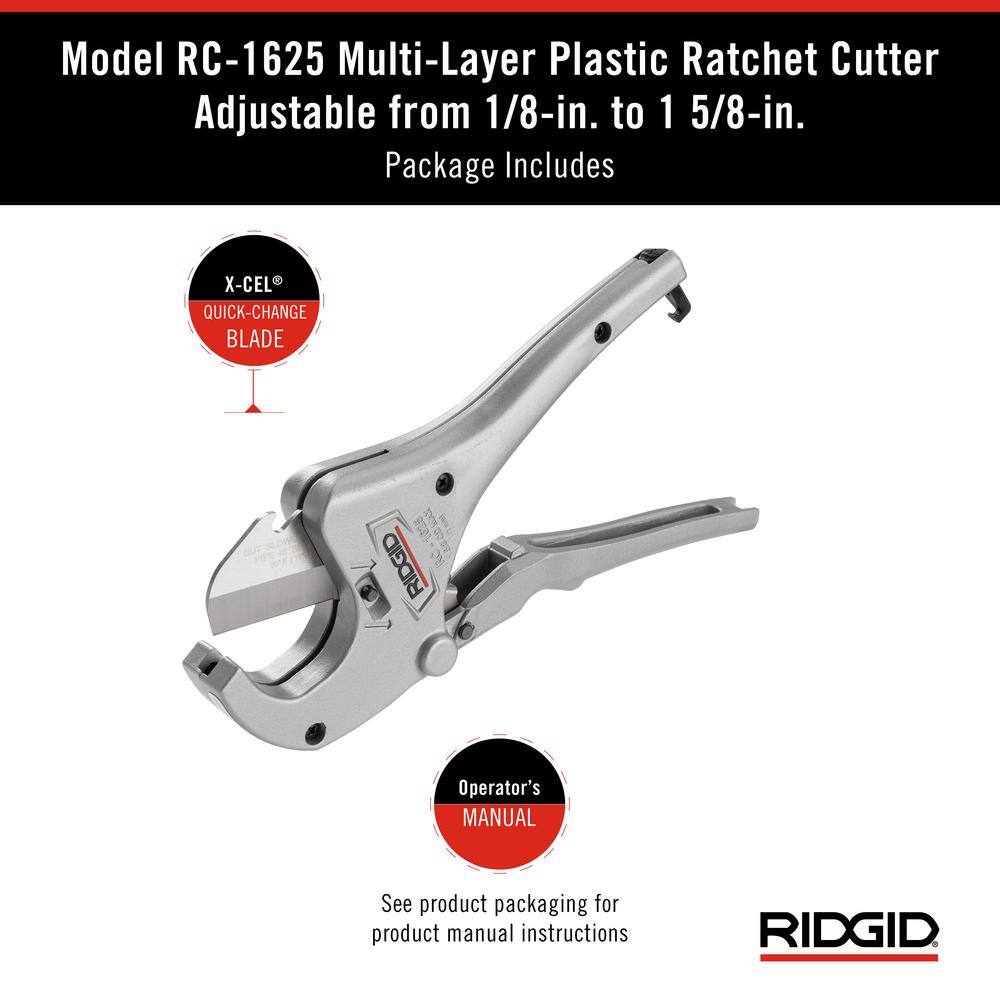 RIDGID 18 in. - 1-58 in. RC-1625 Aluminum Ratchet Action Plastic Pipe and Tubing Cutter Tool for Multilayer Tubing Jobs 23498