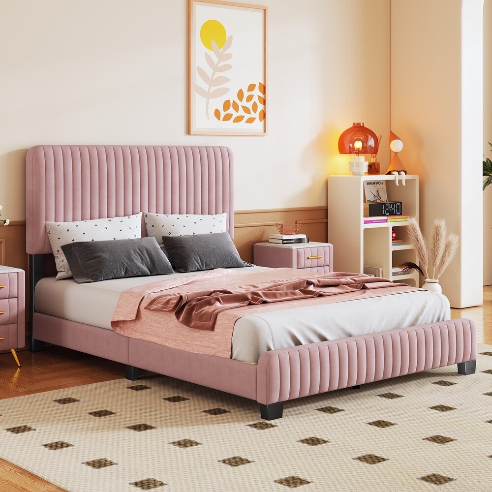 3 Pieces Bedroom Sets  Stripe Design Velvet Upholstered Platform Bed Frame Low Profile Bed with 2 Marbling Worktop Nightstands