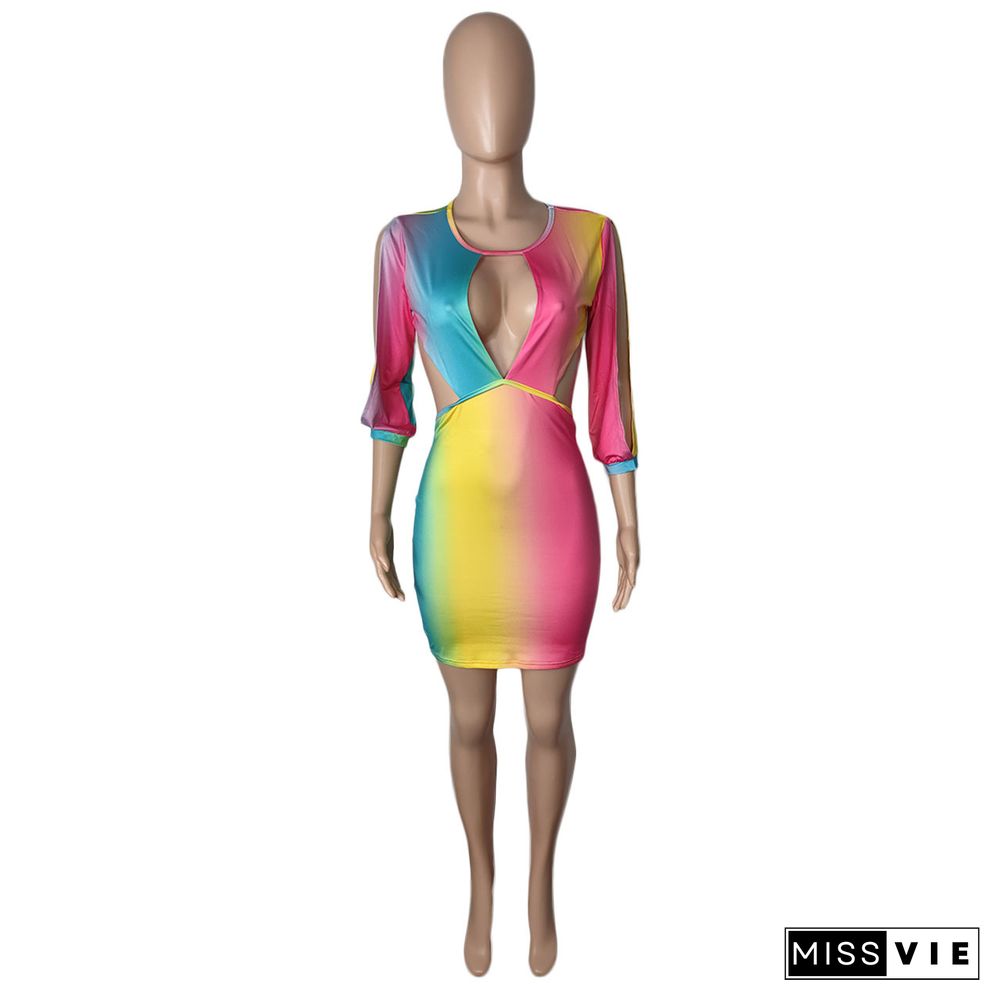 Women Sexy Gradient Patchwork Bodycon Hollow Out Long Sleeve O Neck Summer Party Mini Dresses