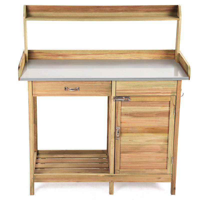 Outdoor Patio Potting Bench Table Rack with Metal Tabletop, Big Drawer & Removable Shelf, Fir Wood Garden Workstation