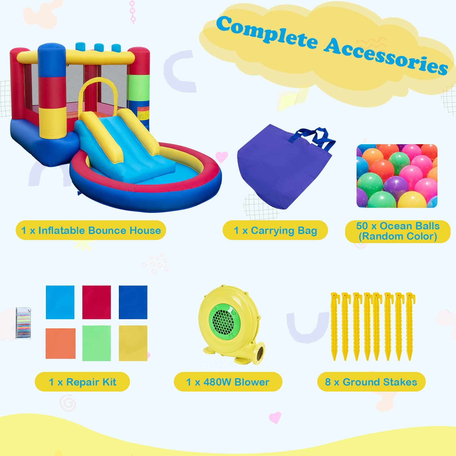 Costzon Inflatable Bounce House with Ball Pit, Bouncy House for Kids 5-12 Indoor Outdoor Party Family with 480w Blower