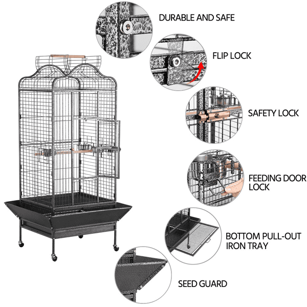 SMILE MART Rolling Metal Large Bird Cage Parrot Cage with Stand Open Playtop