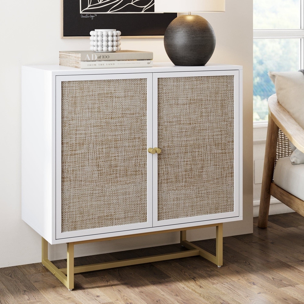 Nathan James Kova Natural Cane Rattan Doors Accent Cabinet with Metal Base and Adjustable Shelf