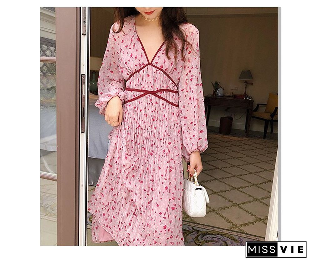 Rugod New Arrival Women Floral Long Pleated Dress V-Neck Long Sleeves Slim Dress Sweet Fairy Temperament Korean Style