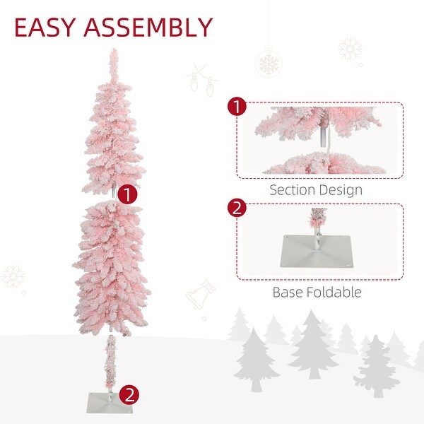 HOMCOM 6ft Tall Pencil Prelit Artificial Christmas Tree Holiday Décor with 703 Snow Flocked Branches，Pink