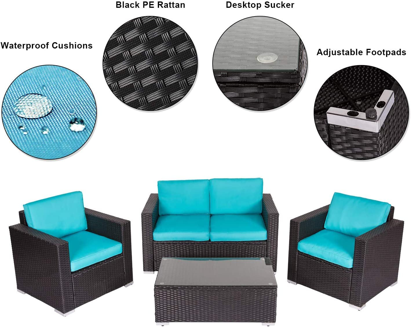 Kinbor 5PCS Patio Furniture Set Outdoor Sectional Sofa Lawn Conversation Sets Wicker Rattan Chair with Ottoman, Turquoise