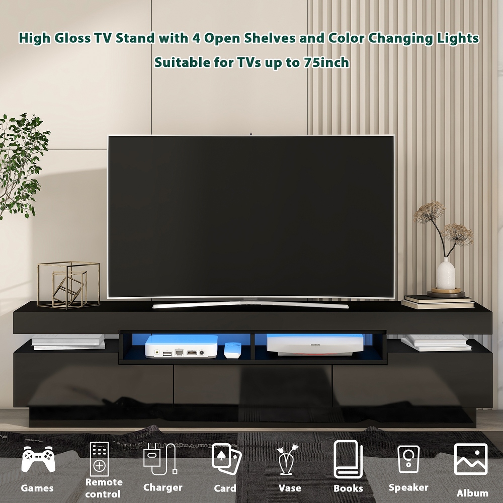 Modern Entertainment Center TV Stand with 4 Open Shelves  Media Cabinet Gaming Console Table with 16 color LED Lights