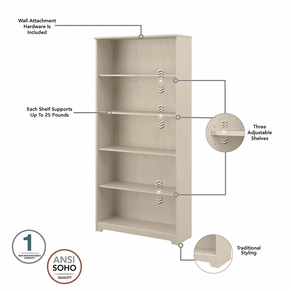 Cabot 60W L Desk with Hutch and 5 Shelf Bookcase by Bush Furniture