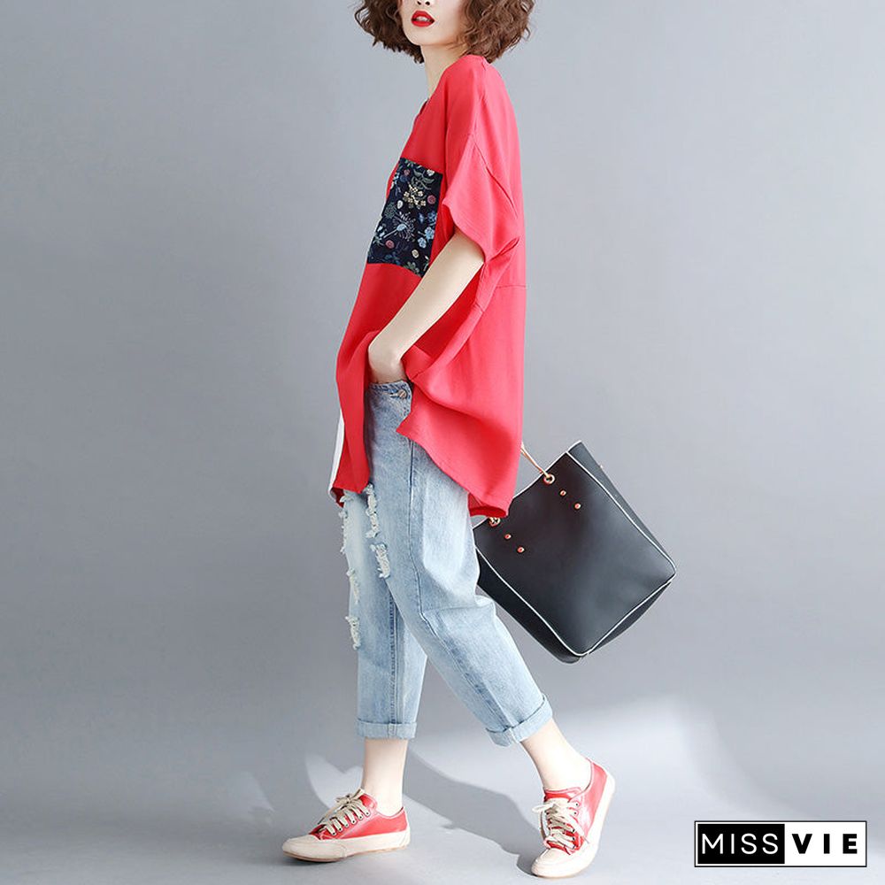 Simple red linen cotton linen tops women blouses Boho design pockets Batwing Sleeve daily tops