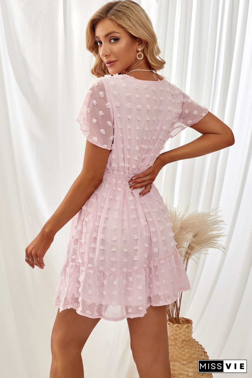 Pink Polka Dot V Neck Ruffled Short Sleeves Mini Dress