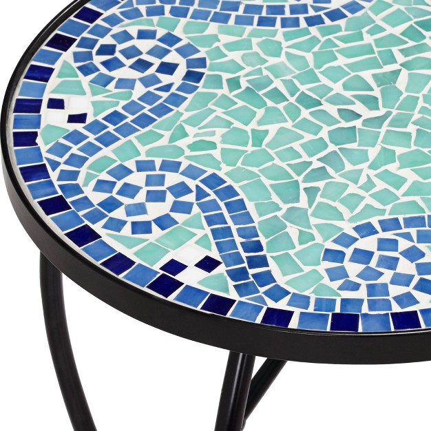 Wide Set Of 2 Blue Wave Mosaic Tabletop Front Porch Patio Home House