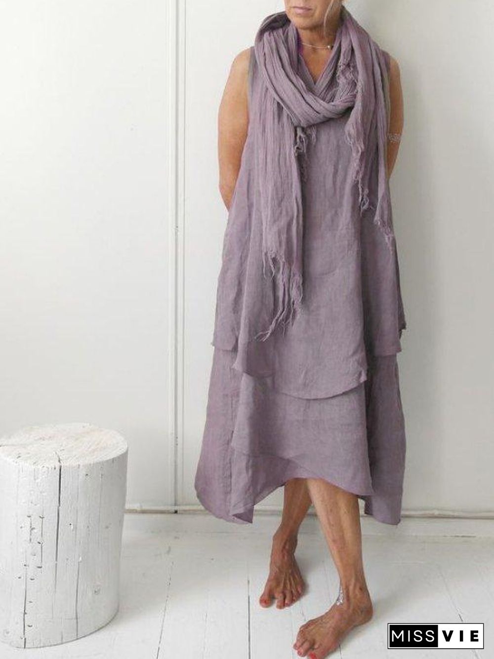 V Neck Linen Plain Casual Casualdress