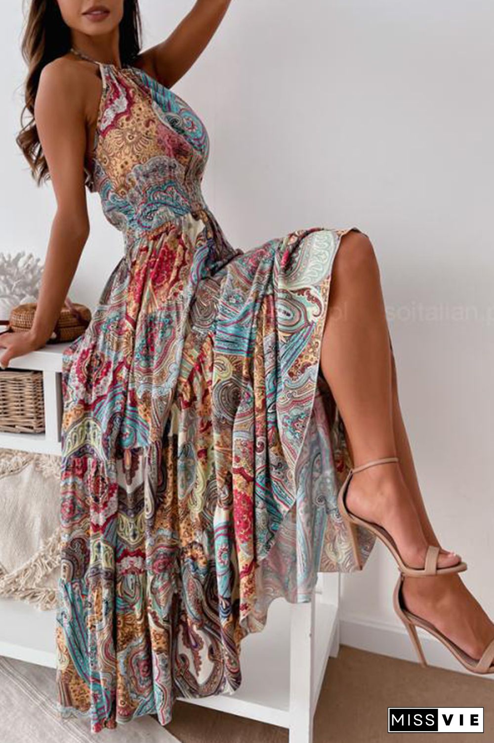 Fashion Print Split Joint Halter Waist Skirt Dresses