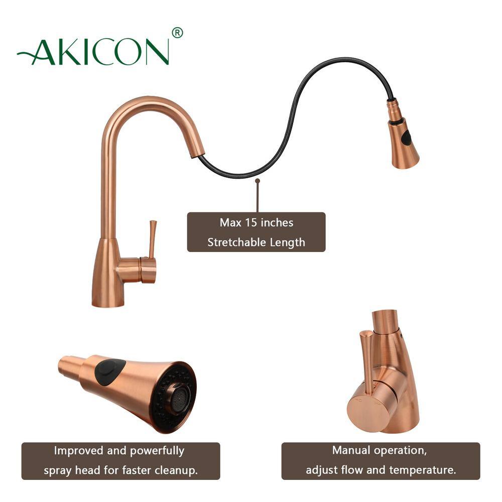 Akicon Single-Handle Pull-Down Sprayer Kitchen Faucet in Copper AK455C