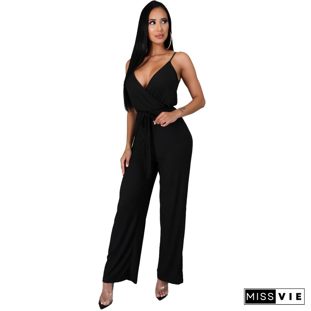 Women Elegant Summer Deep V Neck Sleeveless Solid Color Wide Leg Spaghetti Strap Bandage Jumpsuit