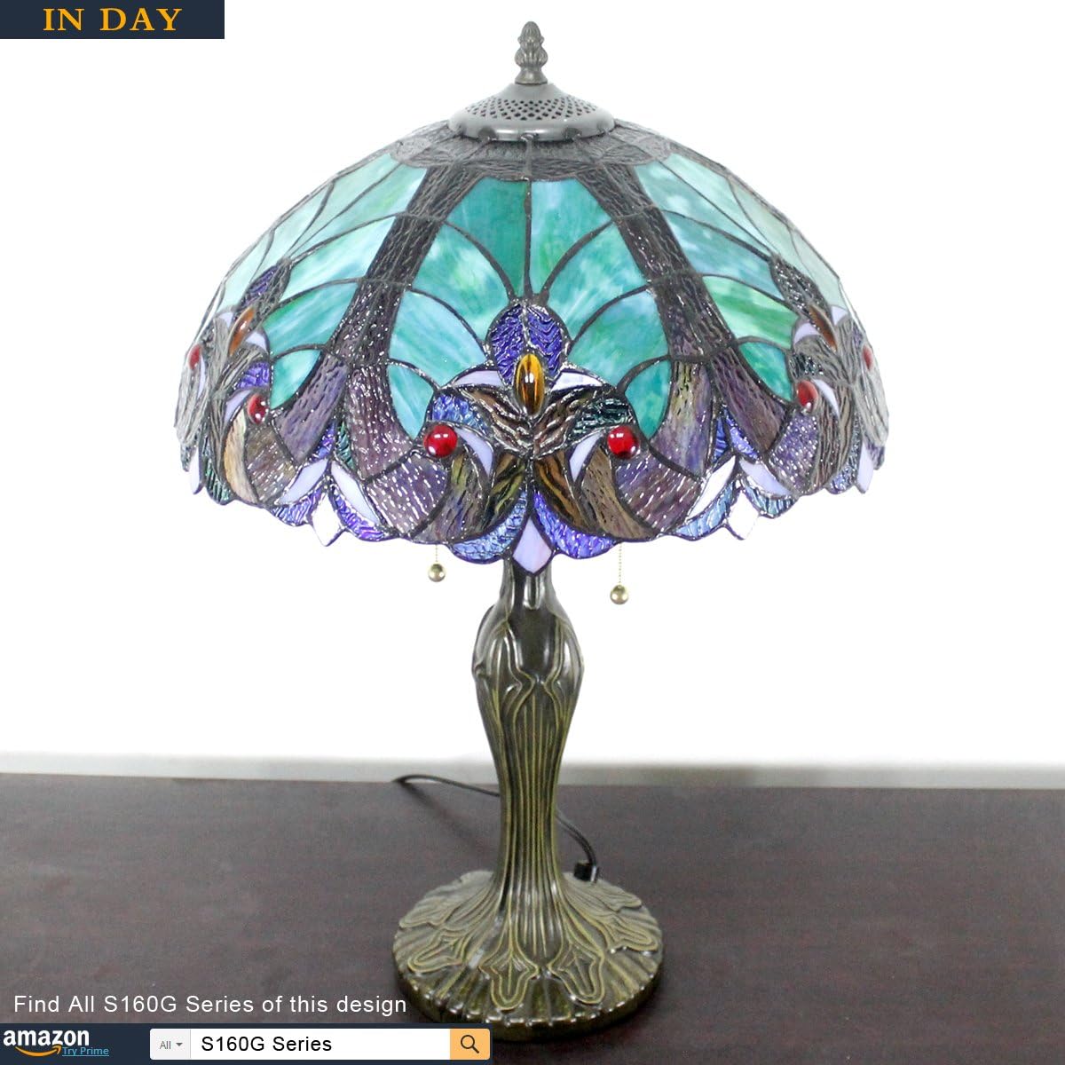 GEDUBIUBOO  Style Lamp Green Liaison Stained Glass Bedside Table Lamp 16X16X24 Inches Desk Light Metal Base Decor Bedroom Living Room  Office S160G Series Teal Purple