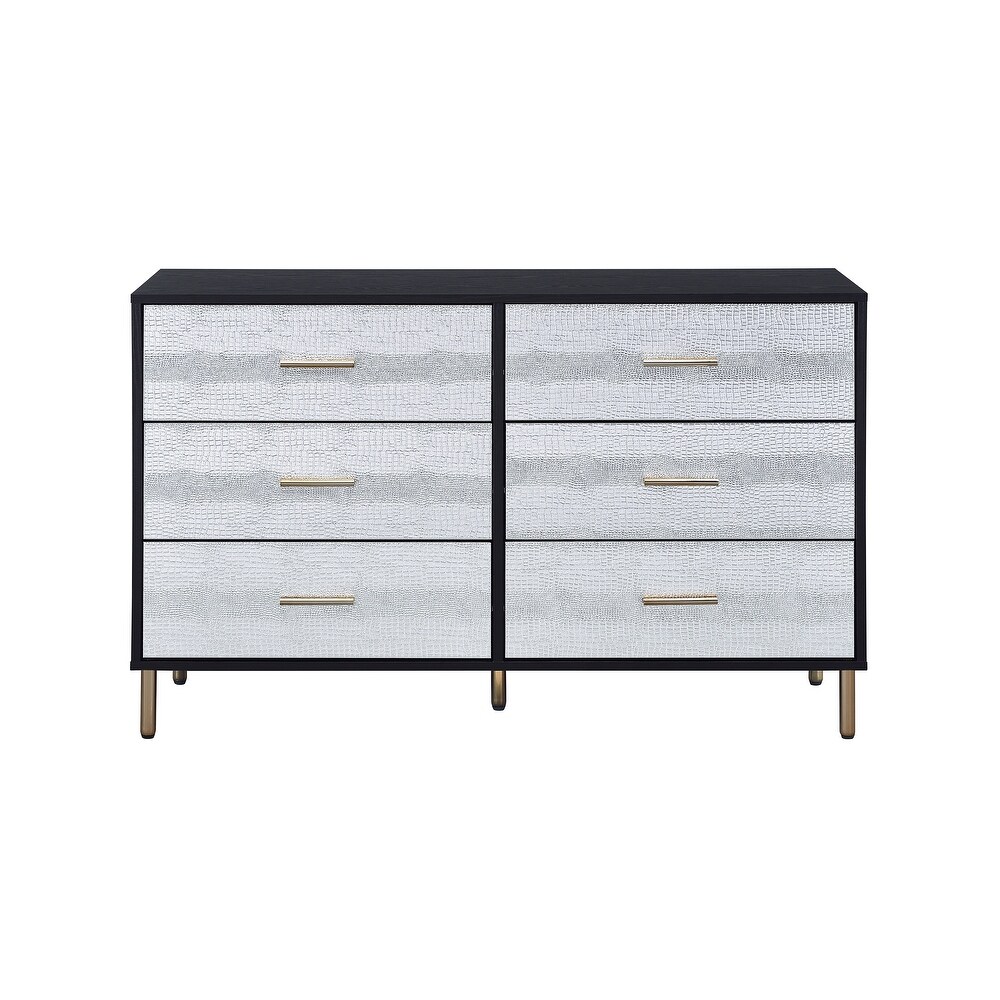 Contemporary Style 6 drawer Dresser  Metal Legs  Faux Crocodile Skin Pattern  2/3 Extension Drawer  Side Metal Glide Drawer