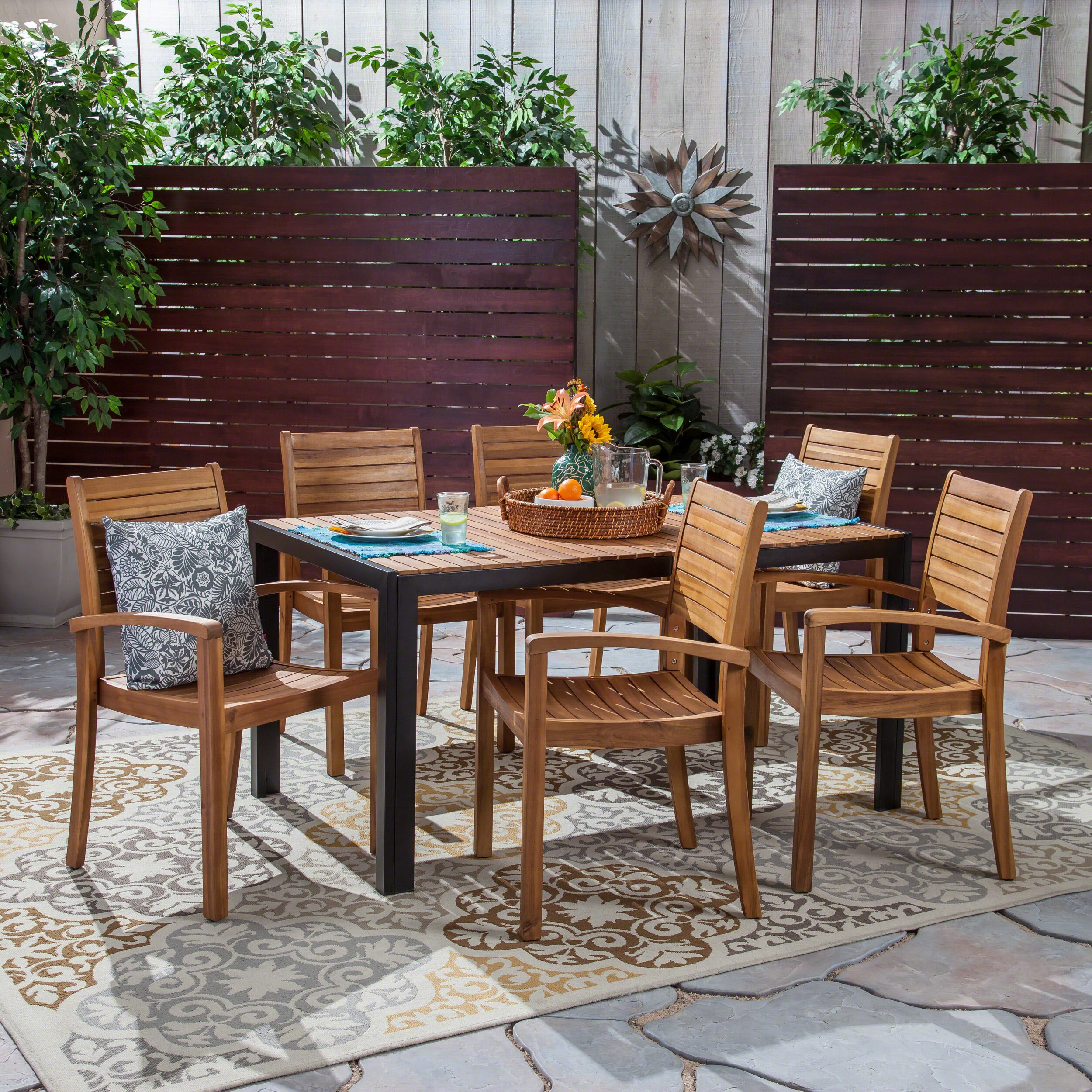 Monica Outdoor 6-Seater Rectangular Acacia Wood Dining Set, Teak and Black