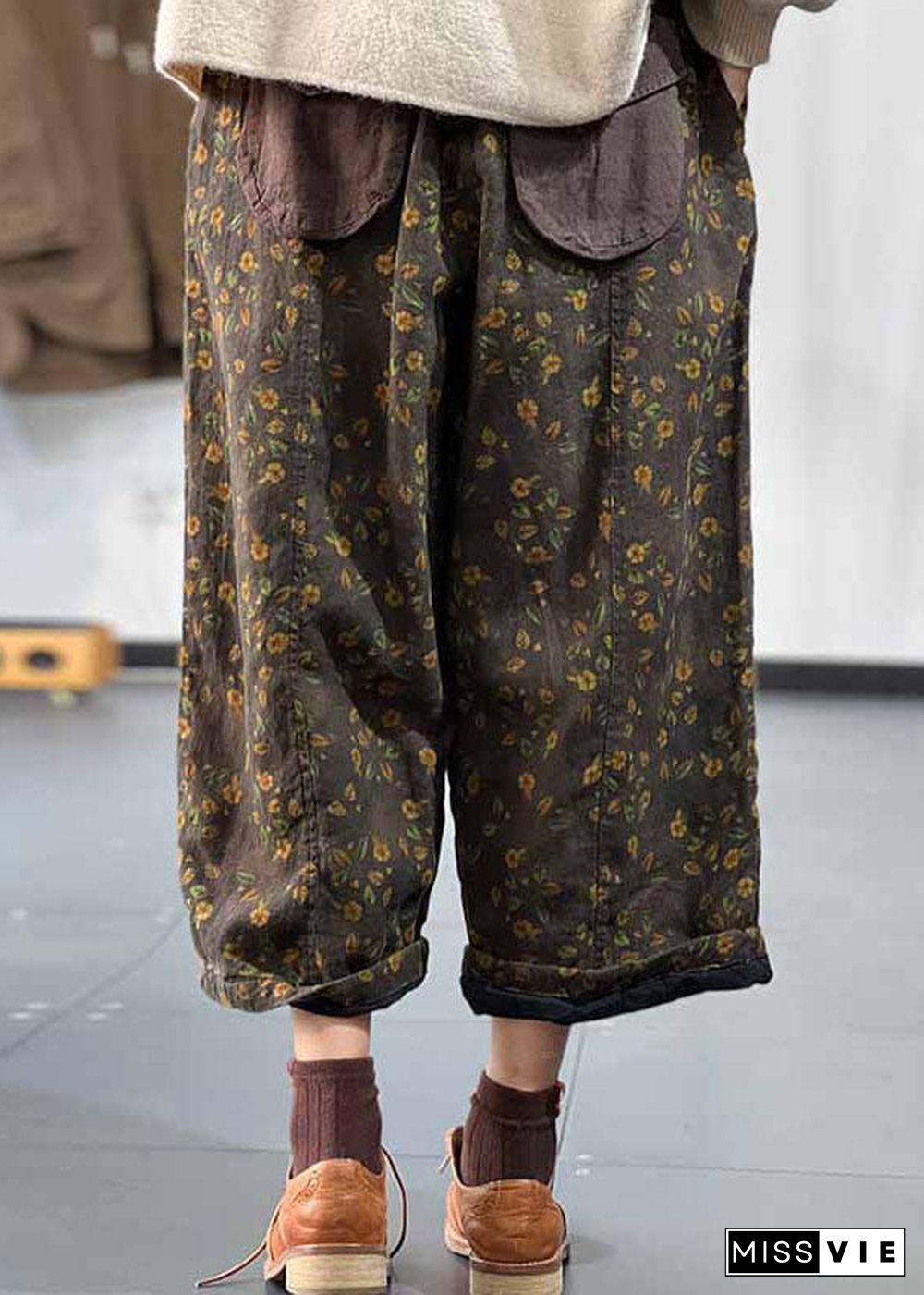 Art Green Elastic Waist Print Fine Cotton Filled Wide Leg Pants Winter