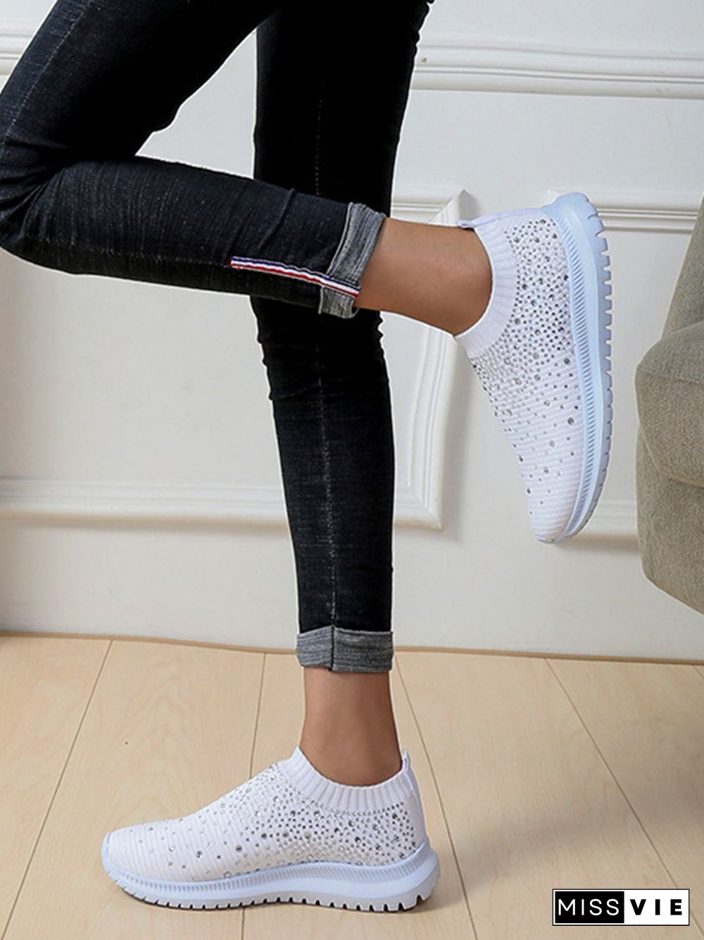 Rhinestone Design Portable Overfoot Lightweight Flyknit Sneakers