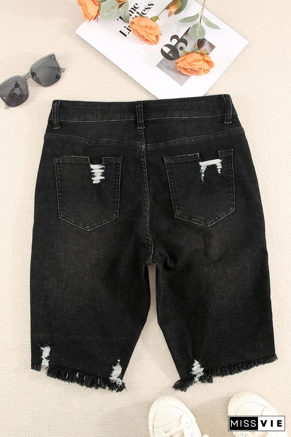 Black Ripped Tassel Bermuda Jean Shorts