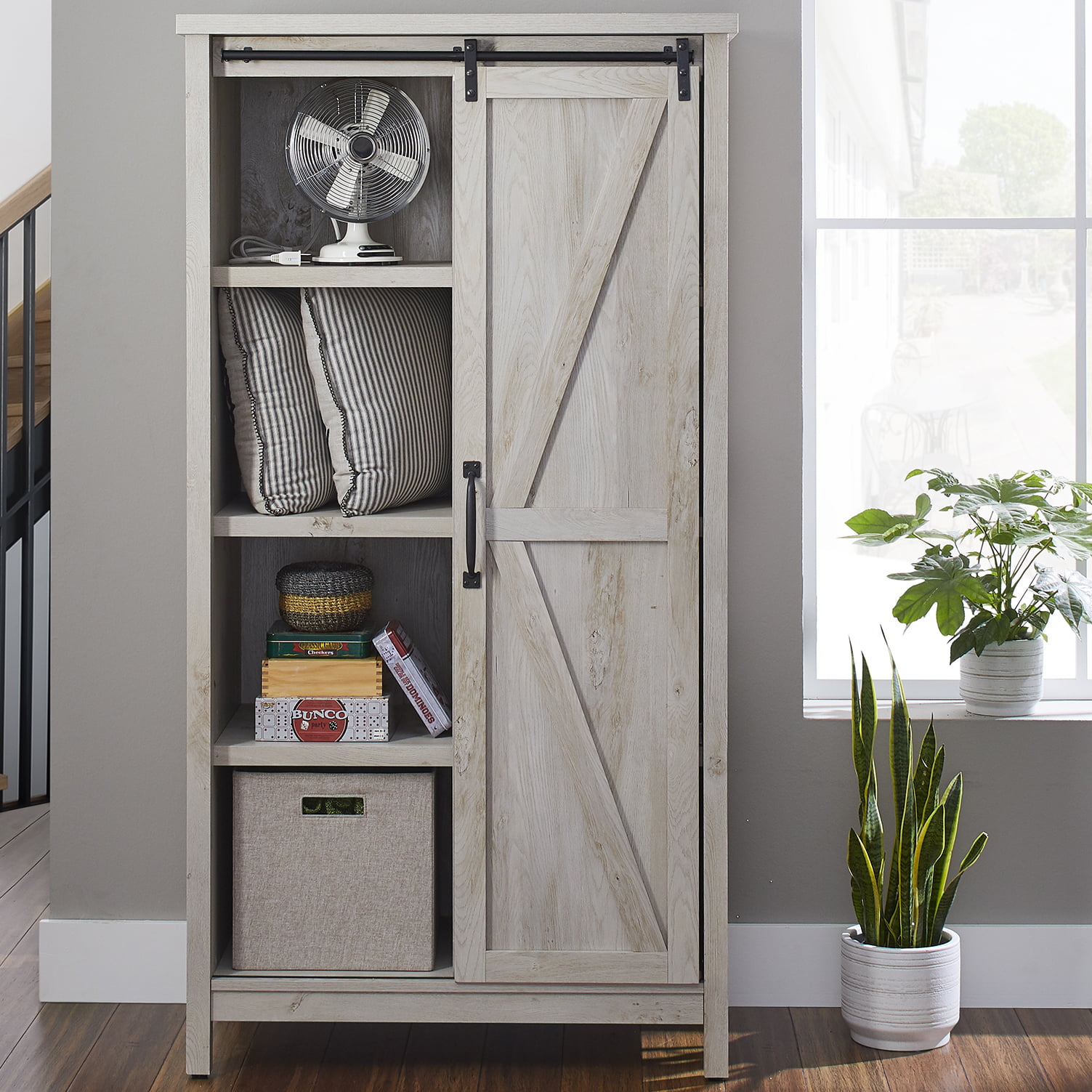 Better Homes and Gardens 66 Modern Farmhouse Bookcase Storage Cabinet， Rustic White Finish