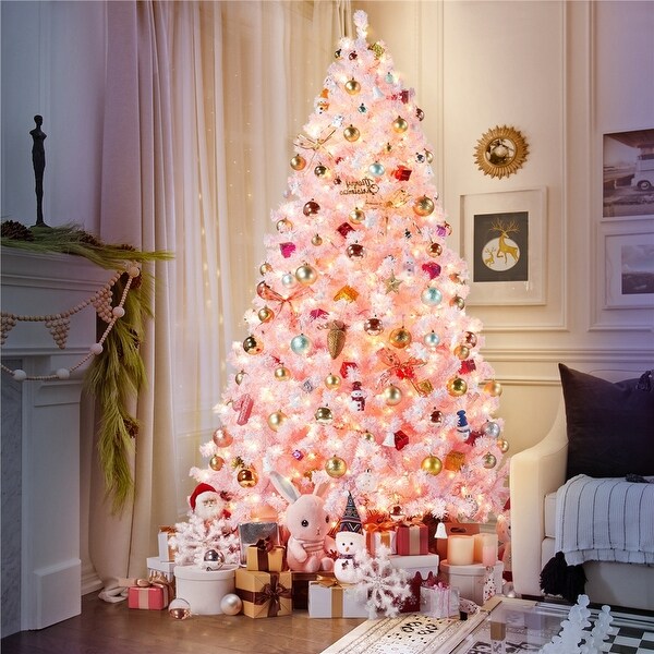 Yaheetech Prelit Flocked Artificial Christmas Tree Snow Frosted Christmas Tree，Pink