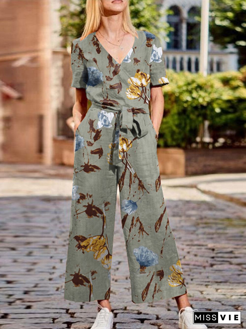 Flower Print Wrap Pocket V-neck Short Sleeve Belt Jumpsuit