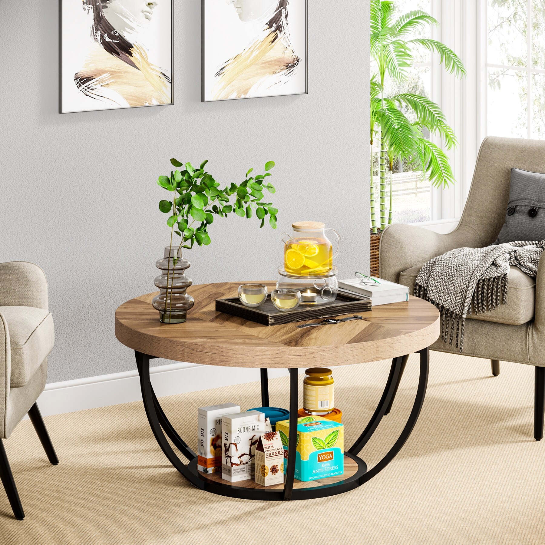 Round Coffee Table， Modern 2-Tier Center Table - Wood