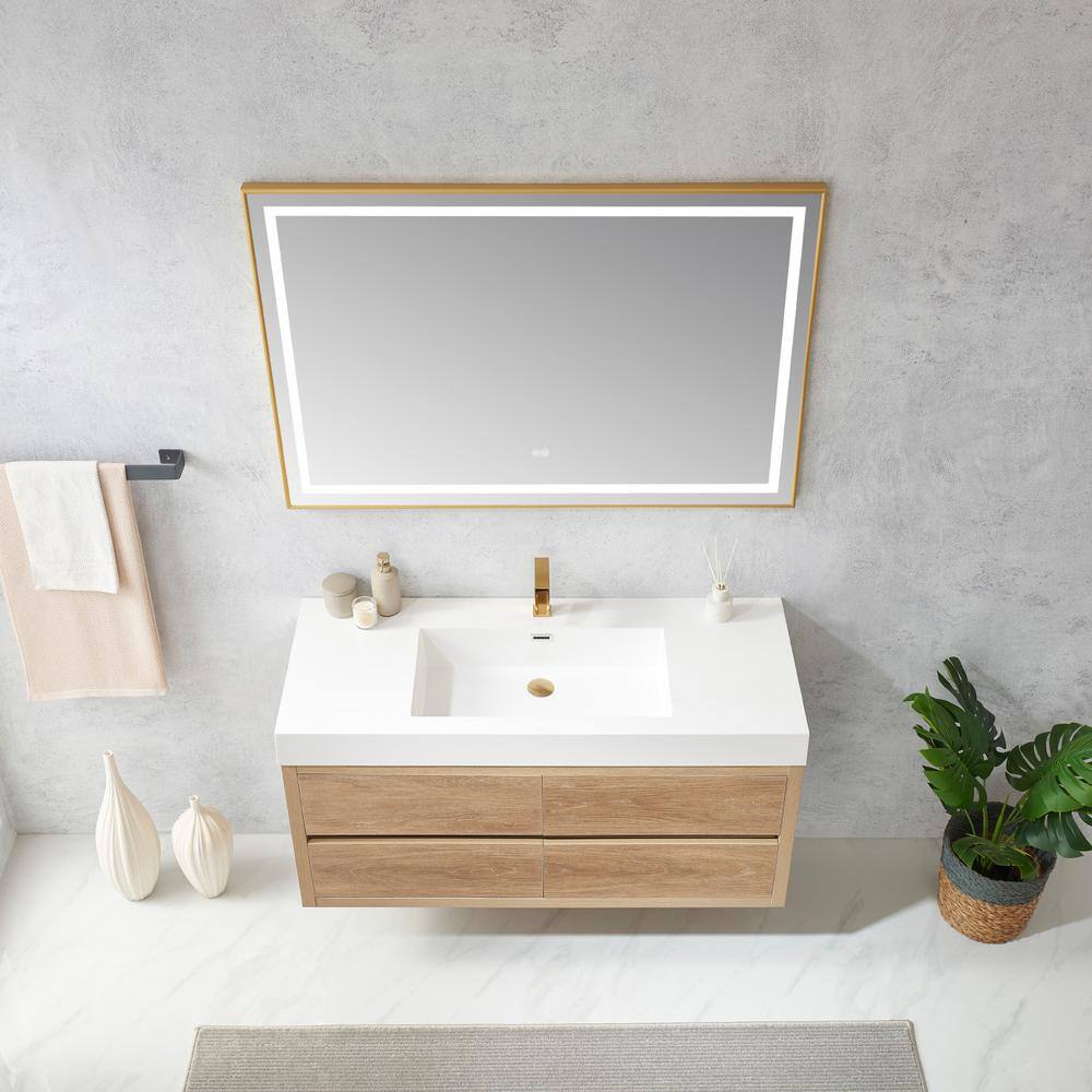 ROSWELL Palencia 48 in. W x 20 in. D x 24 in. H Single Sink Bath Vanity in N.American Oak WWhite Composite Stone Top and Mirror 803148-NO-WH