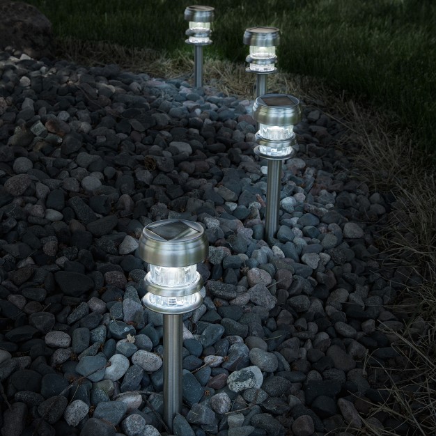 Nature Spring Solar Powered Lights Set Of 4 Led Outdoor Stake Spotlight Fixture For Gardens Pathways And Patios Silver