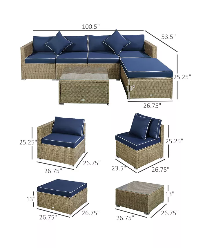 Outsunny 6 Pieces Patio Furniture Sets Outdoor Wicker Conversation Sets All Weather PE Rattan Sectional sofa set with Ottoman Cushions and Tempered Glass Desktop Yellow   Navy Blue