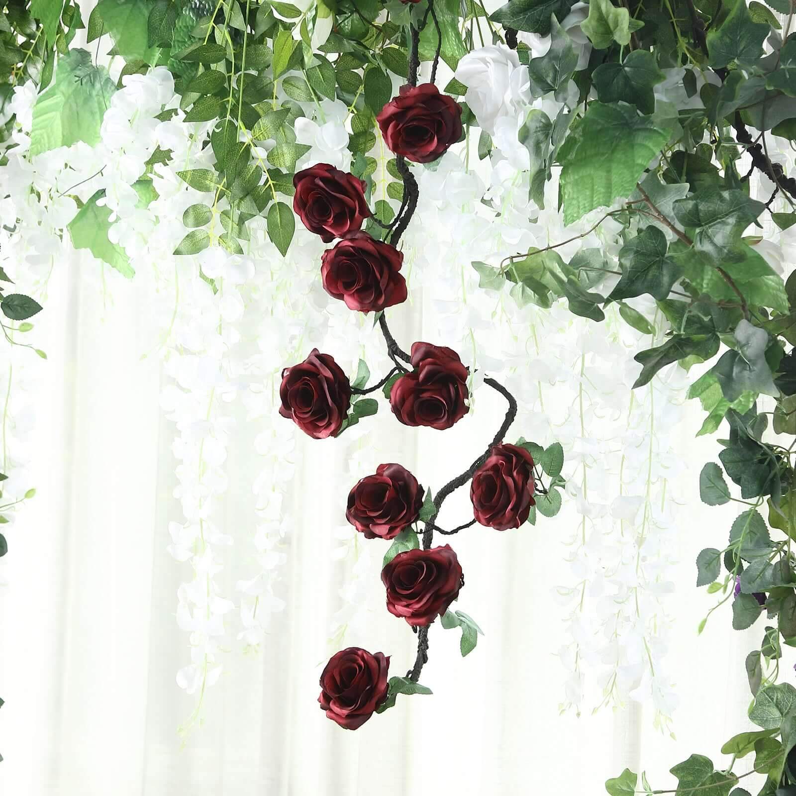 Burgundy Artificial Silk Rose Hanging Flower Garland, Faux Vine 6ft