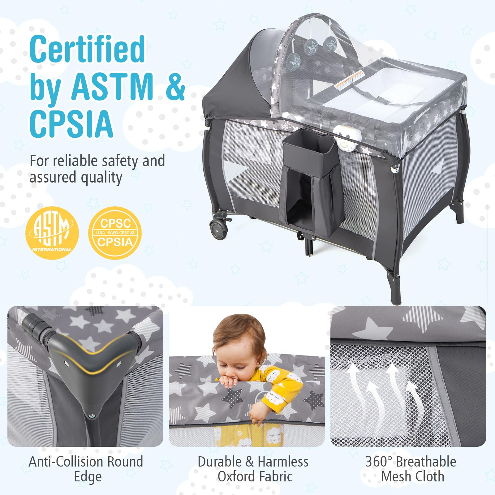 BABY JOY 4 in 1 Pack and Play, Portable Baby Playard with Bassinet