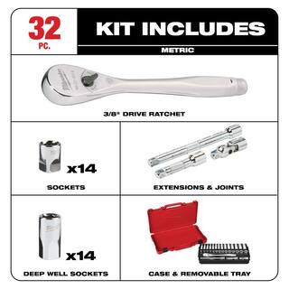 MW 38 in. Drive Metric Ratchet and Socket Mechanics Tool Set with 38 in. Drive 12 in. Extended Ratchet (33-Piece) 48-22-9508-48-22-9037