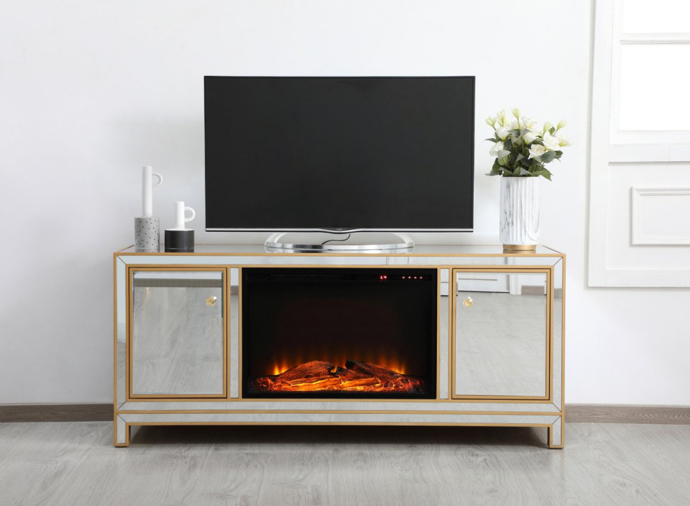 Jesse 60 quotMirrored TV Stand With Wood Fireplace   Contemporary   Entertainment Centers And Tv Stands   by Elegant Furniture  ampLighting  Houzz